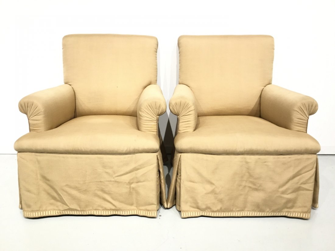 Pair decorator skirted club chairs: Pair decorator skirted club chairs, 20th c., 36"h x 29"w x 33"d