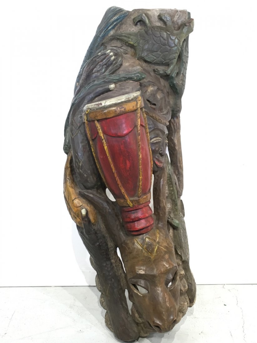 Large Haitian polychromed wood Voodoo carving: Large Haitian polychromed wood Voodoo carving, 20th c., goat, drum and arm, signed, "S.P.", 41"h x 16"w x 13"d
