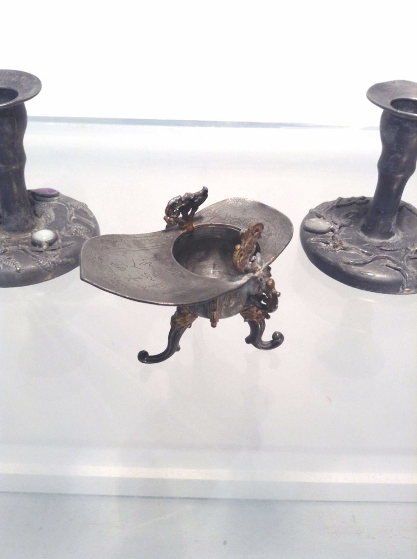 (3) Chinese inlaid pewter table items (1 of 9)