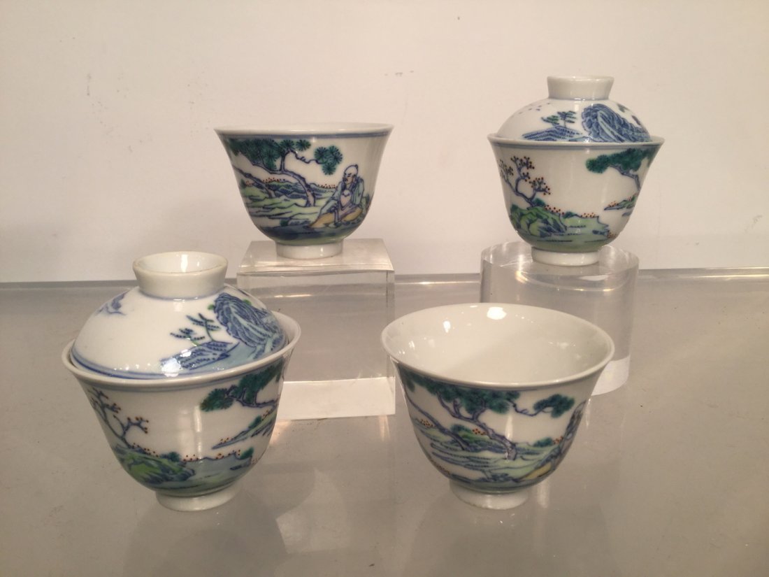 Set (4) Chinese doucai porcelain tea bowls (1 of 7)