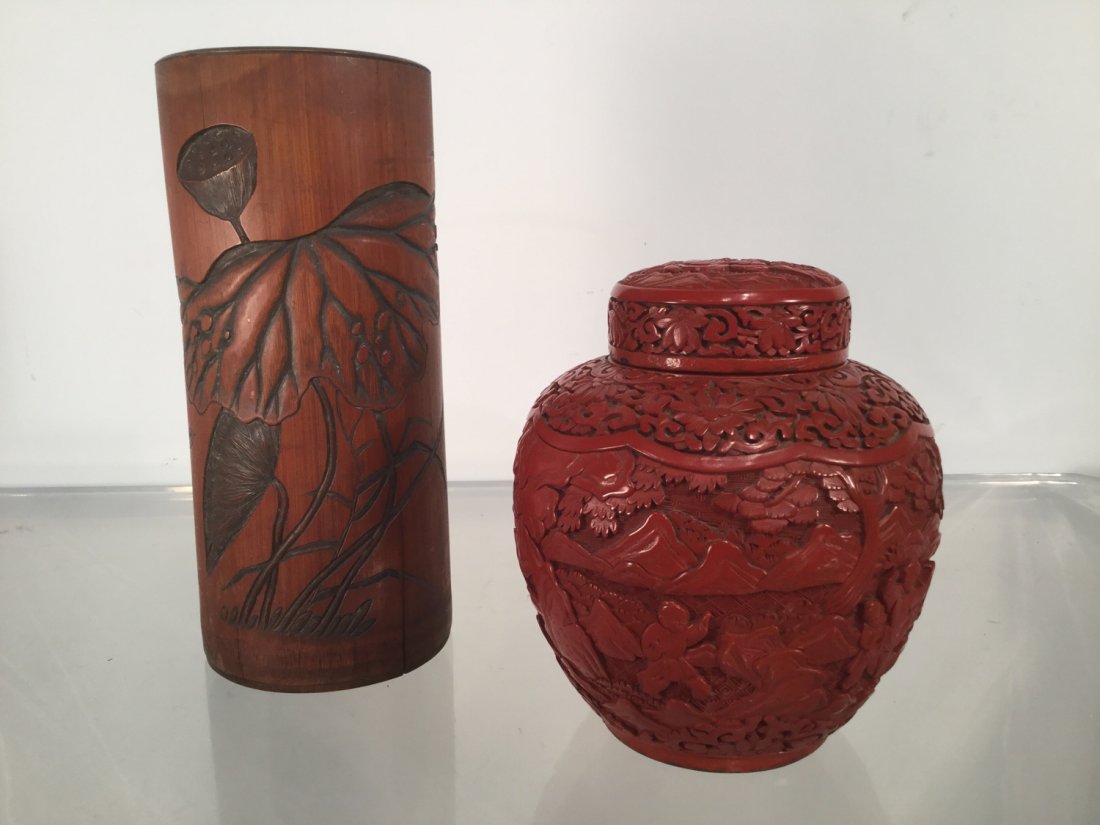 Chinese cinnabar ginger jar and bamboo brushpot (1 of 10)