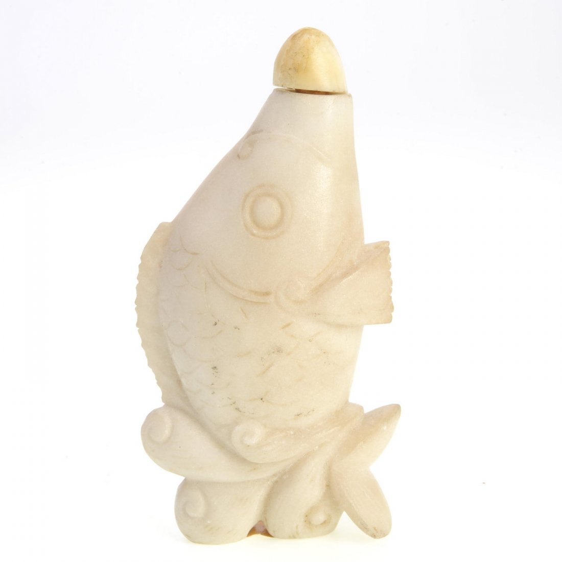 Chinese white aragonite fish form snuff bottle: Chinese white aragonite fish form snuff bottle, 19th/20th c., 2"h x 3.75"w x 1"d Provenance: The Collection of Edwin W. Humphreys, New Rochelle; Sotheby's Parke-Bernet, April 1975, lot 113