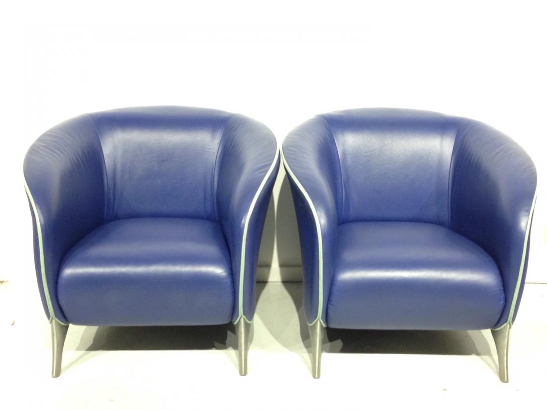 Pair Brayton electric blue leather tub chairs (1 of 9)