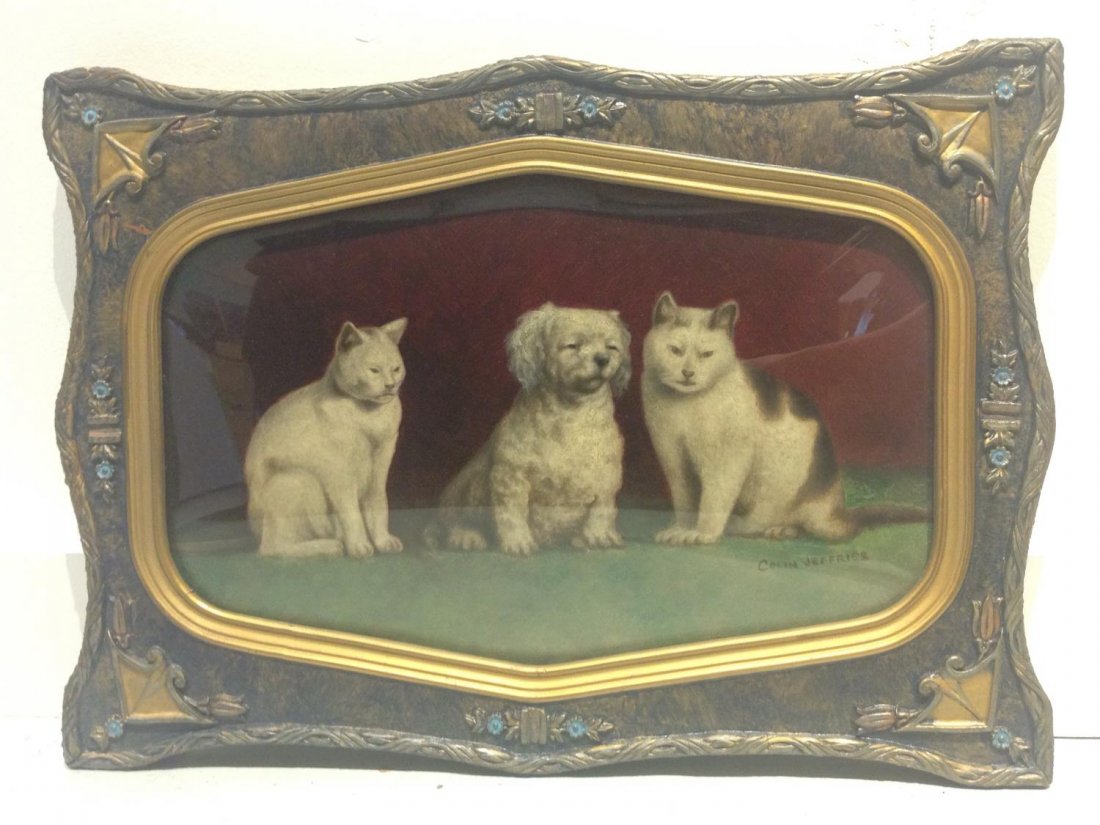 Colin Jeffries (20th c.): Colin Jeffries (20th c.), Two white cats and a white dog, oil on board, signed, 9"h x 14"w (sight), framed