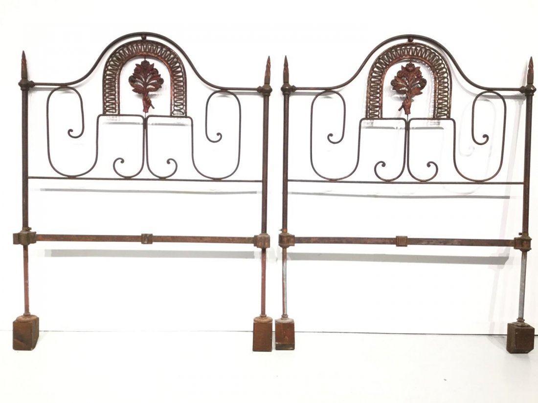 Antique French painted wrought iron head/footboard: Antique French painted wrought iron head/footboard, 19th c., 56"h x 44"w x 3.5"d