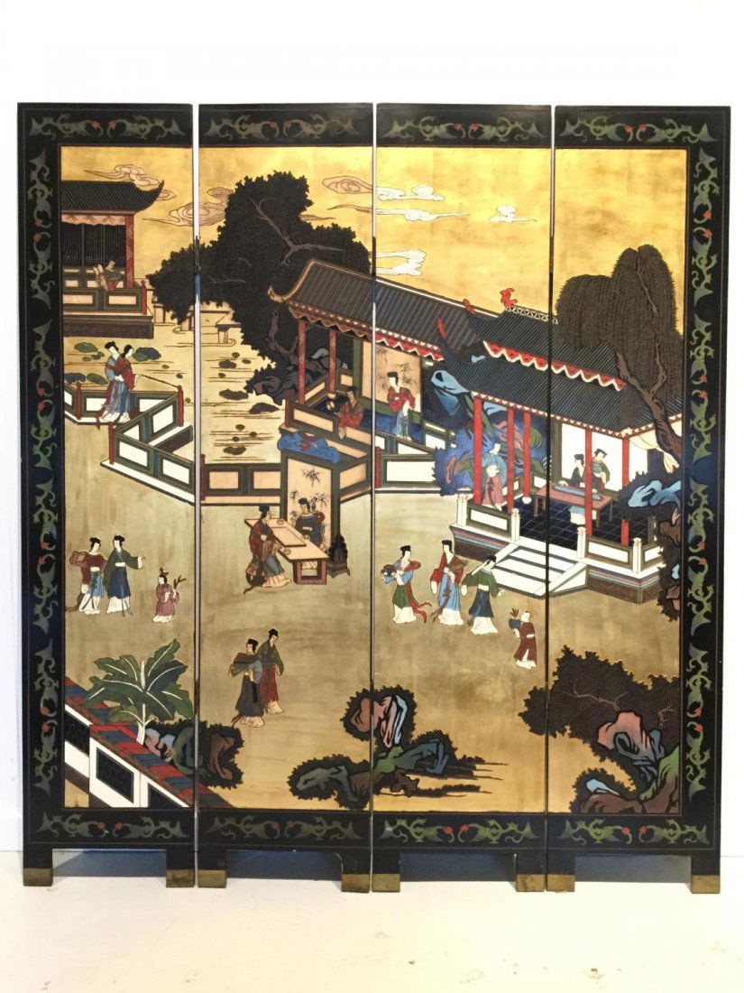 (2) Asian Coromandel style carved lacquer screens (1 of 10)