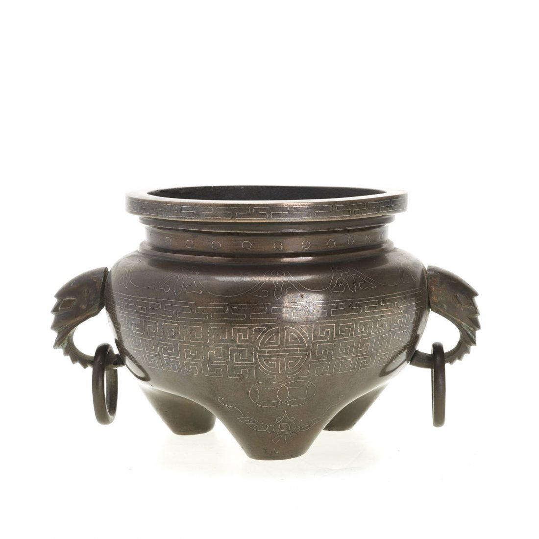 Chinese silver inlaid bronze tripod censer (1 of 8)