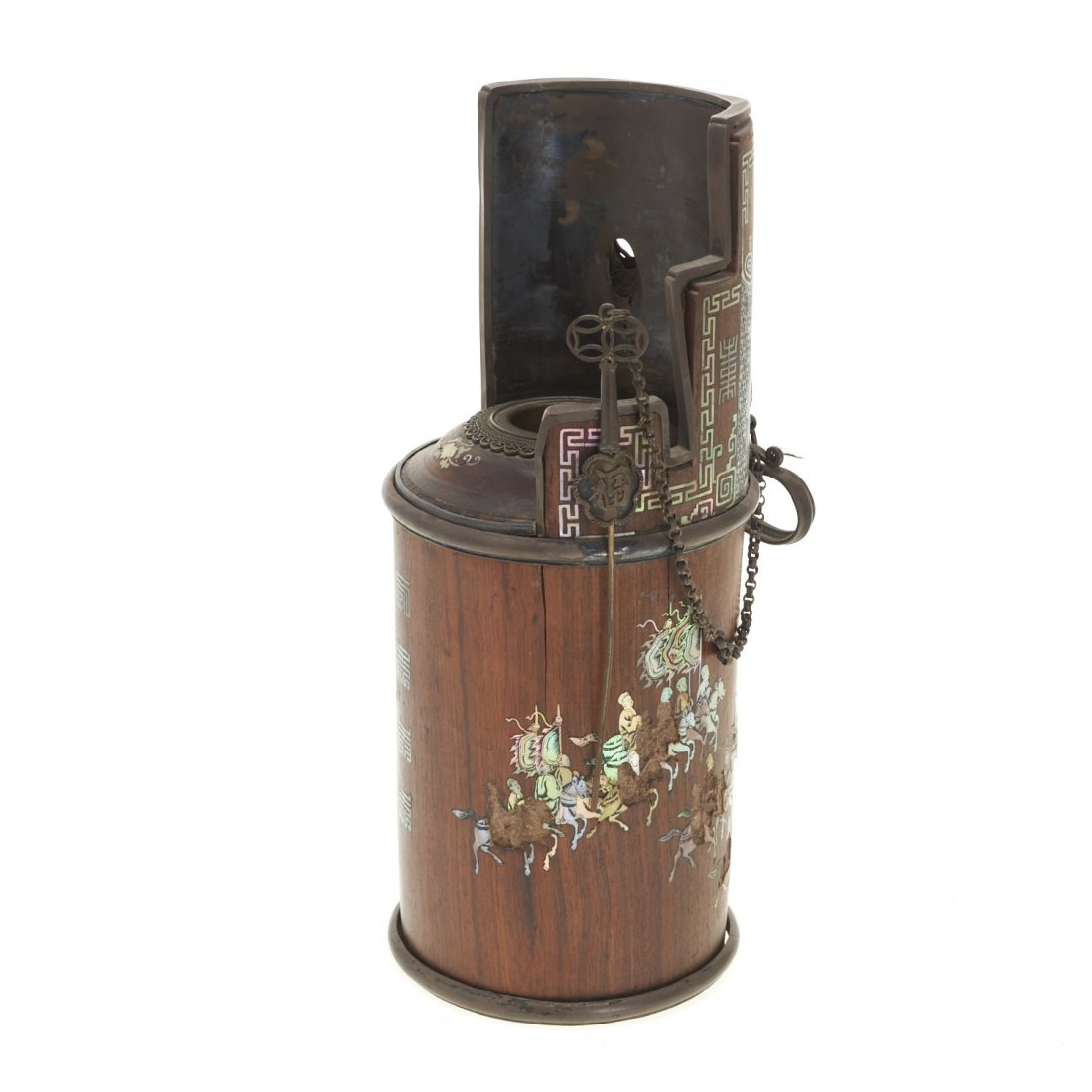 Chinese mother of pearl inlaid hardwood lamp: Chinese mother of pearl inlaid hardwood lamp, 19th/20th c., with inlaid inscription, 8.75"h x 3.5"dia. Provenance: The Collection of Clement Greenberg, NY - Clement Greenberg was arguably the most inf