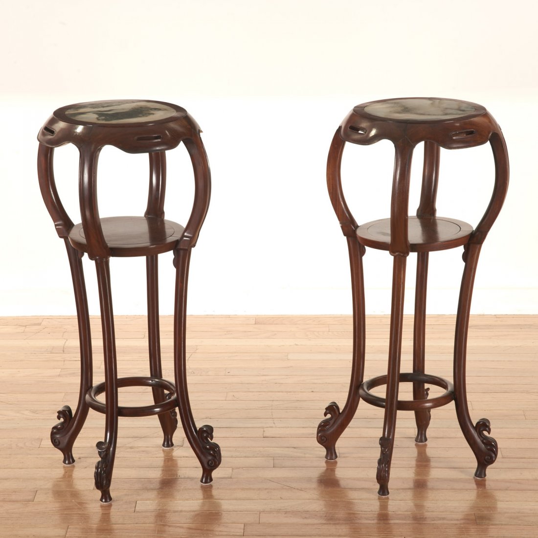 Nice pair Chinese marble inset hardwood stands (1 of 9)