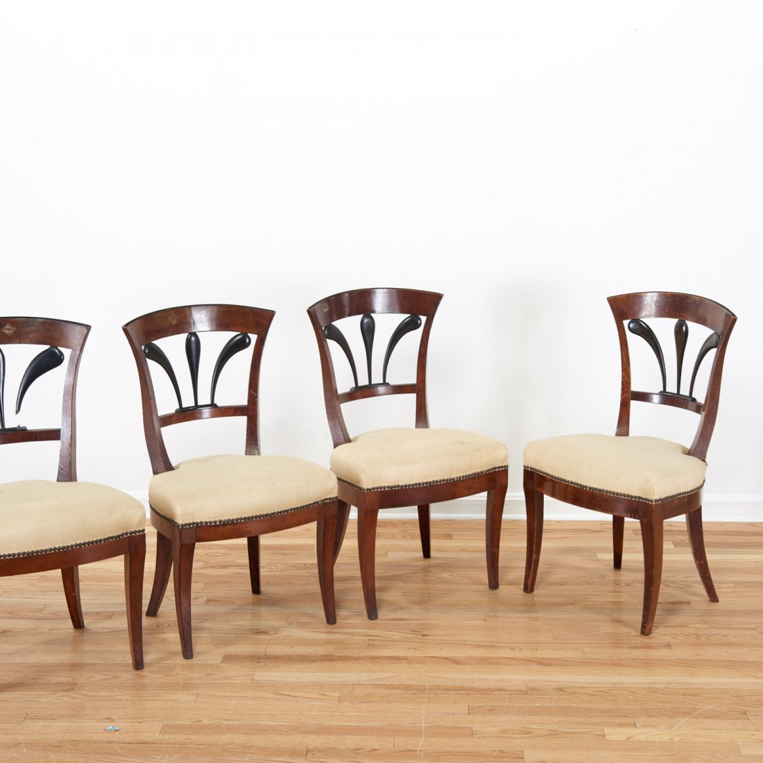 Set (6) Italian parcel ebonized fruitwood chairs: Set (6) Italian parcel ebonized fruitwood chairs, 20th c., 32.25"h x 19"w x 18"d Provenance: Property from the Estate of a Texas Oil Heiress - This Texas Oil Heiress' and socialite garnered her cultiv