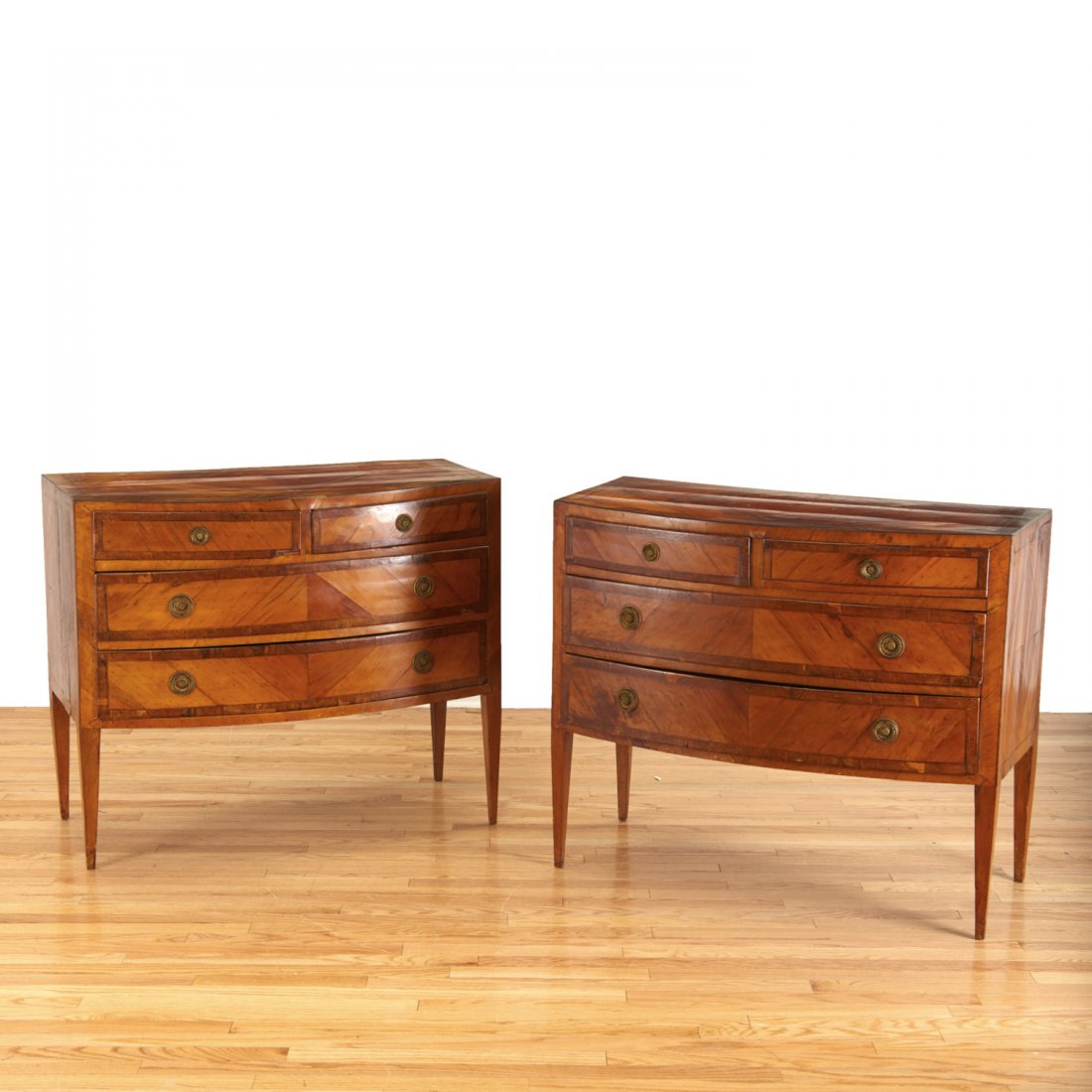 Pair Italian walnut parquetry bow front commodes (1 of 9)