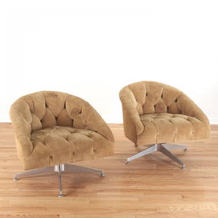 Pair Ward Bennett for Lehigh Leopold lounge chairs: Pair Ward Bennett for Lehigh Leopold lounge chairs, Circa 1960s/70s, tufted taupe upholstery, aluminum bases, Lehigh Furniture Corp. labels to underside, 28.5"h x 32"w x 32"d Provenance: Eugenia P. Bu