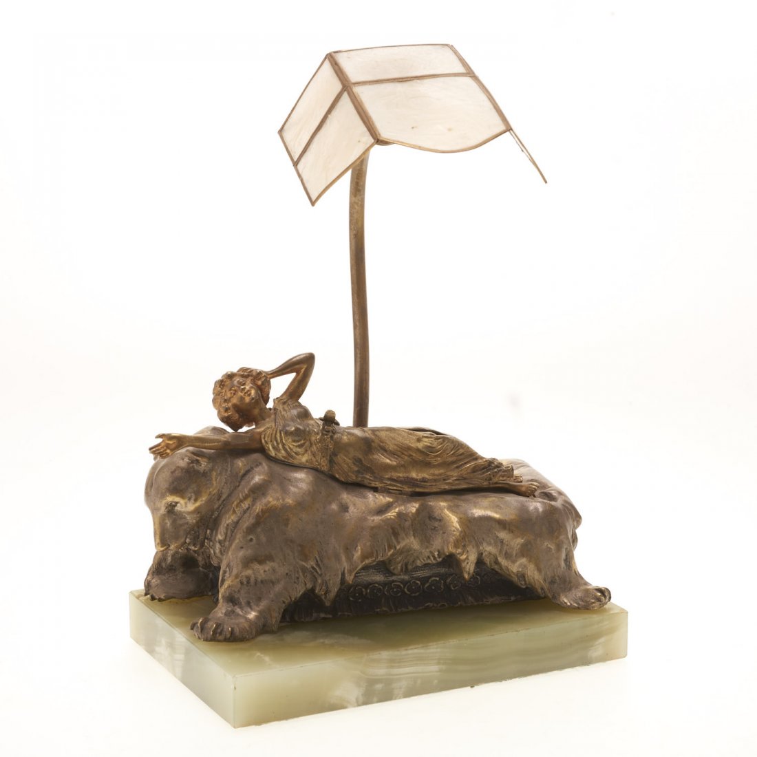 Carl Kauba, automation bronze desk lamp: Carl Kauba, automation bronze desk lamp, Carl Kauba (Austria/American, 1865-1922), Erotic reclining nude on bear, onyx base, signed "C. Kauba", 11"h x 8"w x 5"d (incl. shade and base) Provenance: Prop