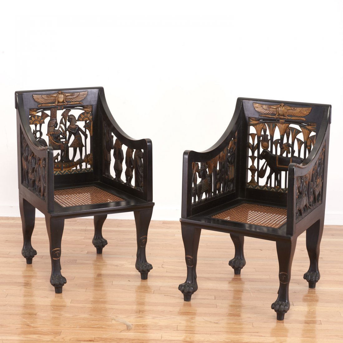 Pair Egyptian Revival gilt and ebonized armchairs (1 of 10)