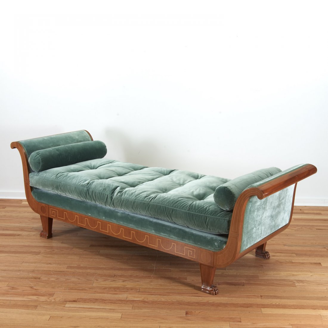 Swedish Neo-Classical inlaid fruitwood recamier: Swedish Neo-Classical inlaid fruitwood recamier, Late 19th c., button tufted velvet seating, hairy paw feet, 28"h x 84.75"w x 30"d Provenance: Property removed from 740 Park Avenue, NY - 740 Park Aven
