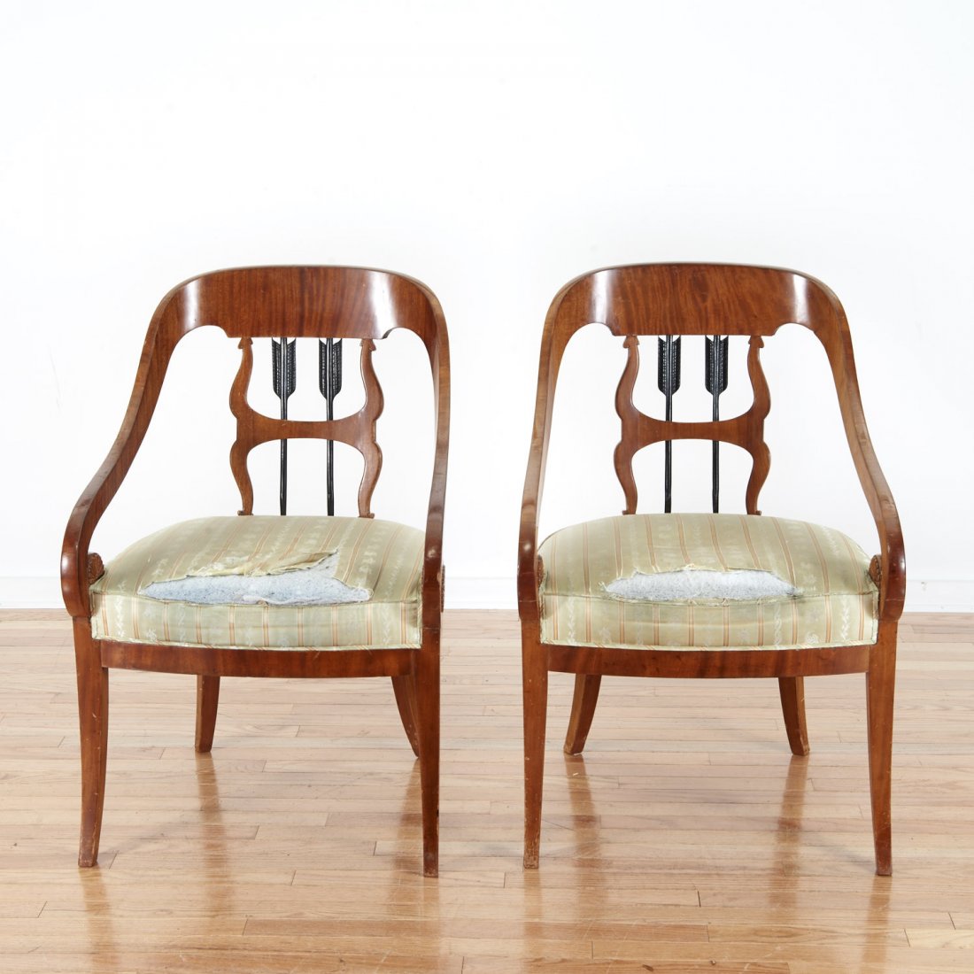 Pair Empire style parcel ebonized walnut armchairs (1 of 9)