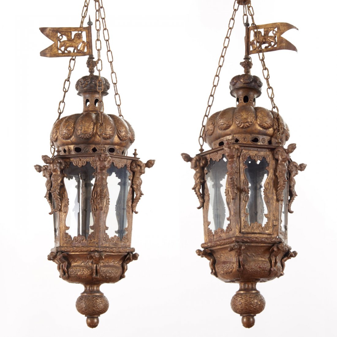 Large antique Venetian gilt metal hall lanterns (1 of 6)