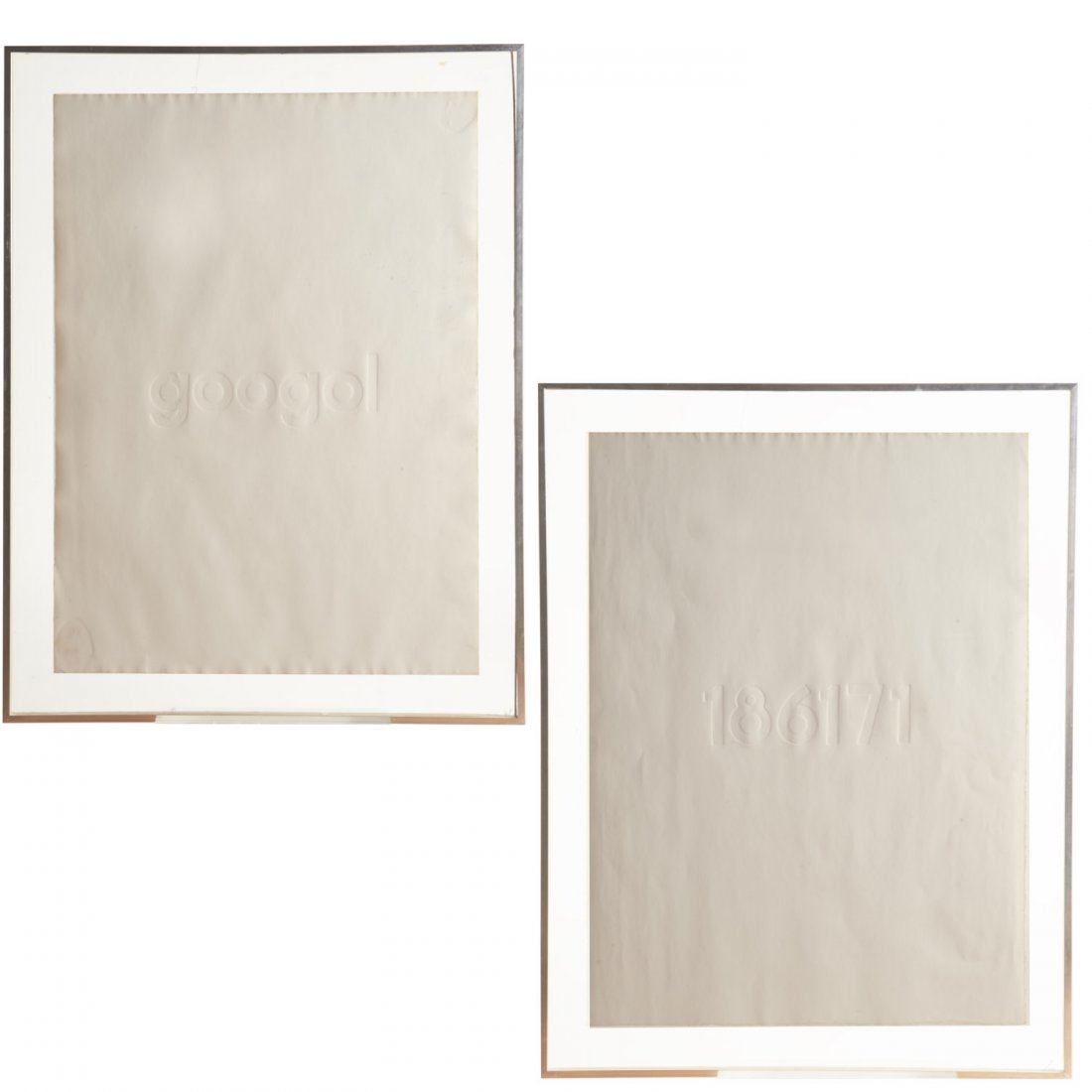 Attr. Joseph Kosuth, pair prints: Attr. Joseph Kosuth, pair prints, Attributed to Joseph Kosuth (American, b. 1945), "Googol" and "186171", recessed embossed prints, unsigned, 29.5"l x 22"w (sheet), framed under acrylic/plexi Provenan