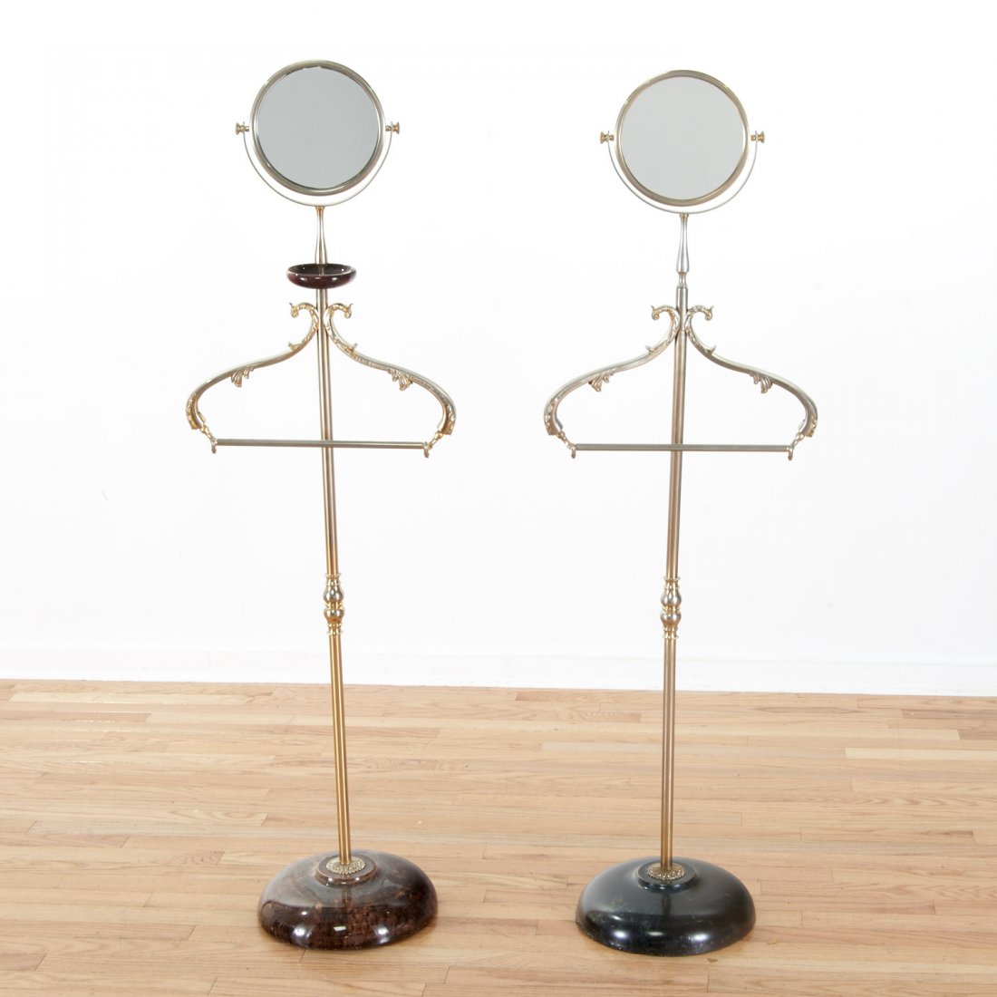 Aldo Tura lacquer, parchment valet/vanity stands: Aldo Tura lacquer, parchment valet/vanity stands, 1970s, His and Hers, (2) pcs., incl. one in stained goatskin, the other with black lacquer base, 57"h x 17"w x 11.5"d Provenance: Property removed fro