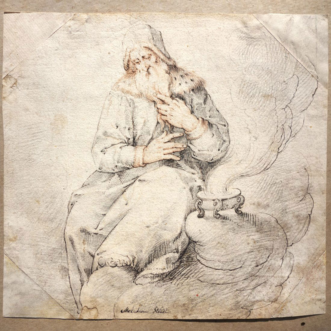 Melchior Steidl drawing: Melchior Steidl drawing, Melchior Steidl (Innsbruck 1657-1727 Munich), old bearded man with cauldron, graphite, pen and ink in colors on paper, inscribed in ink "Melchior Steidl" on front lower center