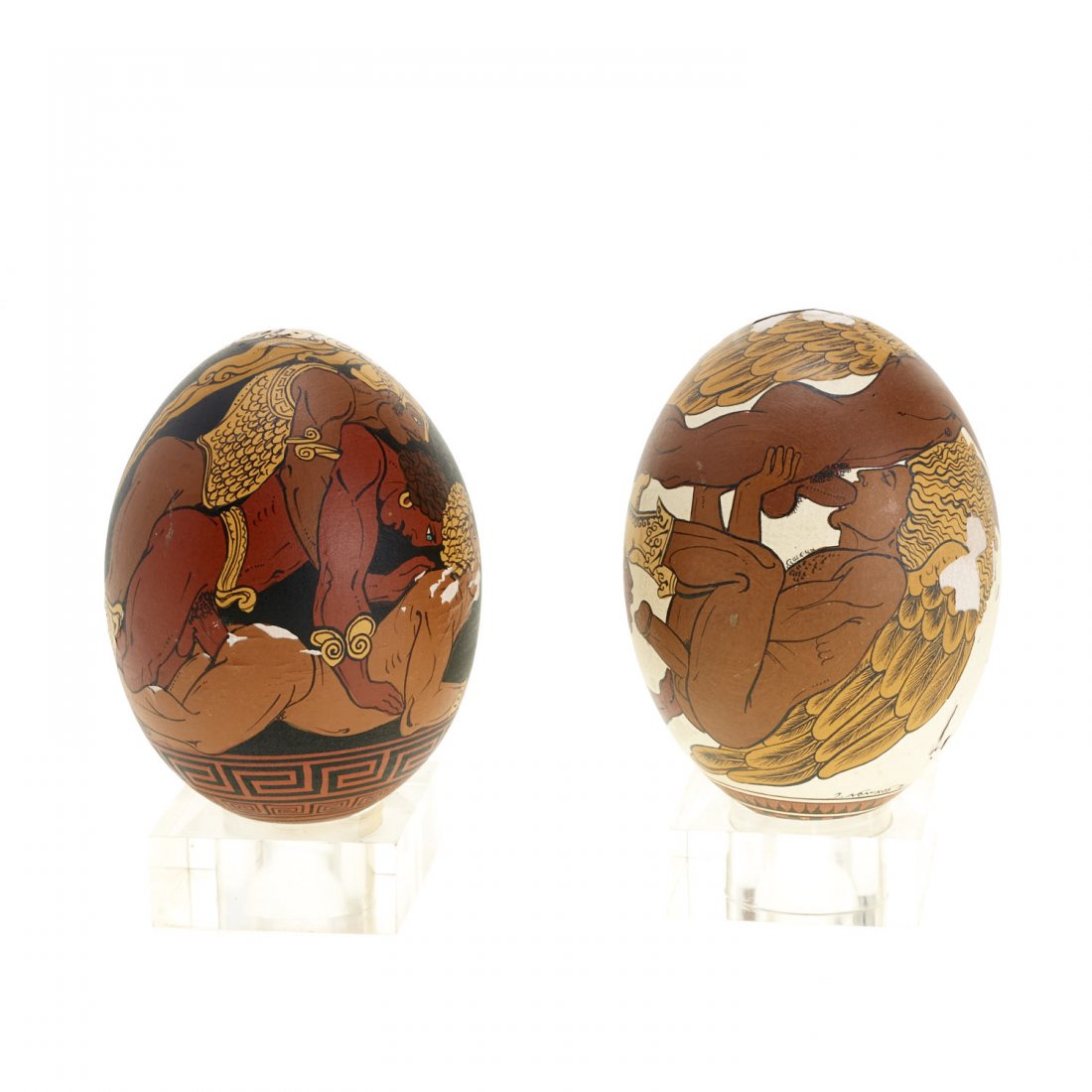 Yiannis Nomikos, homoerotic painted eggs: Yiannis Nomikos, homoerotic painted eggs, Yiannis Nomikos (Greek, b. 1949), Pair homoerotic painted goose eggs, 1976, gesso and tempera on egg, one signed and dated "Y. Nomikos 76", with acrylic stand
