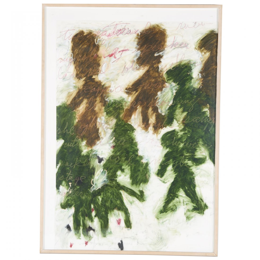 Dove Bradshaw, large mixed media: Dove Bradshaw, large mixed media, Dove Bradshaw (American, b. 1949), Figures, mixed media on paper, signed and dated "Dove Bradshaw, 5-31-1988", lower right, 51.5"h x 32.5"w (sheet), framed under glas