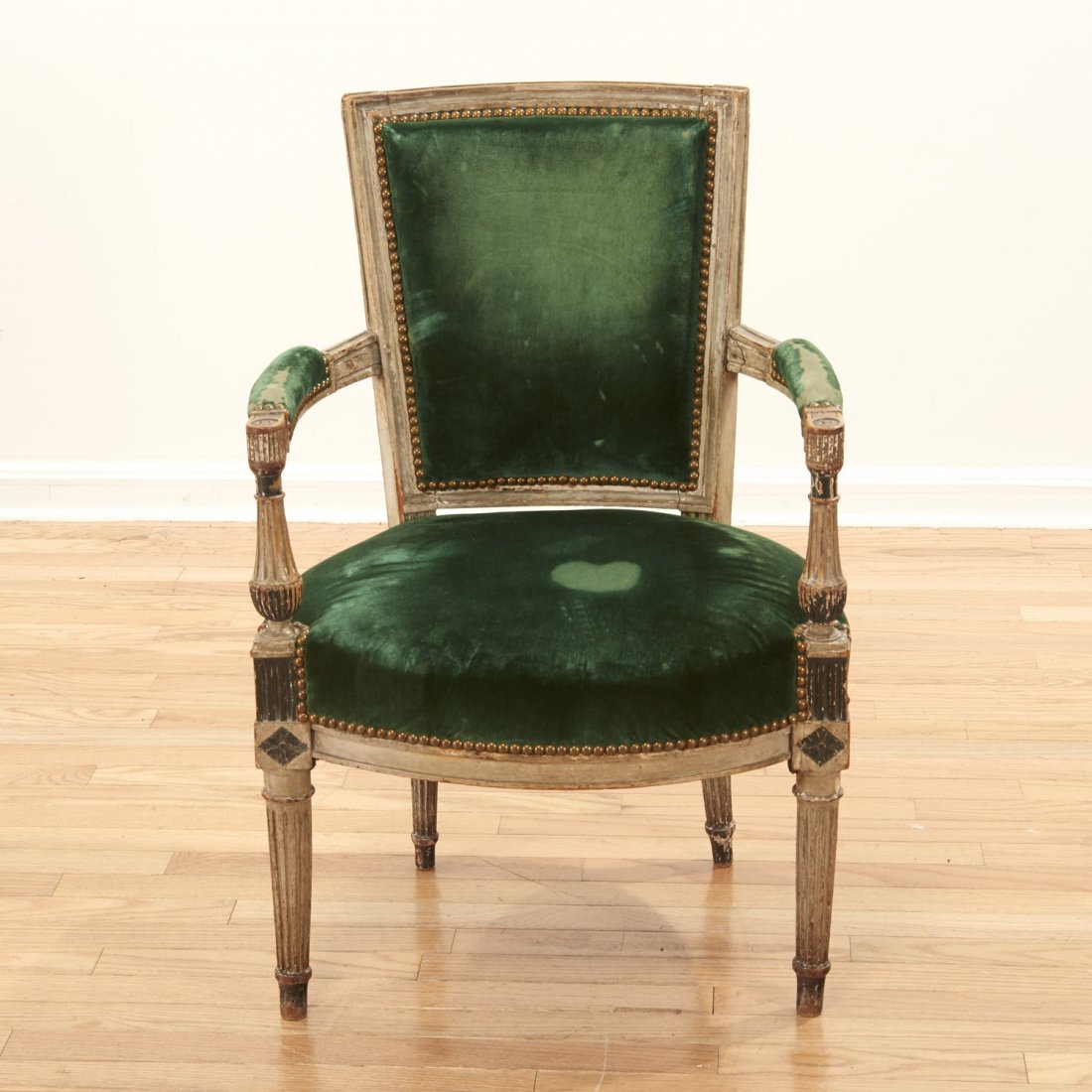Directoire cream painted, velvet bergere: Directoire cream painted, velvet bergere, 19th c., closed nail upholstery, 33"h x 22"w x 20"d Provenance: Property from the personal collection of a prominent French interior designer - A member of th