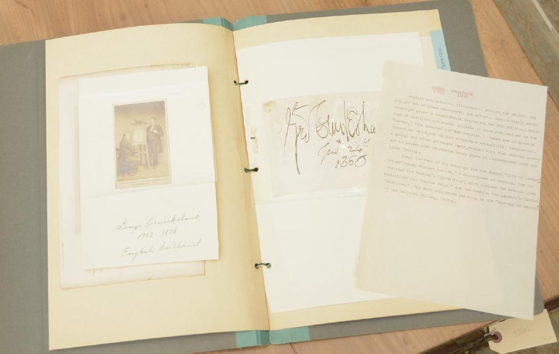 (2) George Cruikshank autographs and CDV photo: (2) George Cruikshank autographs and CDV photo, Incl. a book plate engraving with signature, 10"h x 6"w, an autograph dated January 24th, 1860, 4"h x 6"w, and a CDV, 4"h x 2.5"w Provenance: The Collec