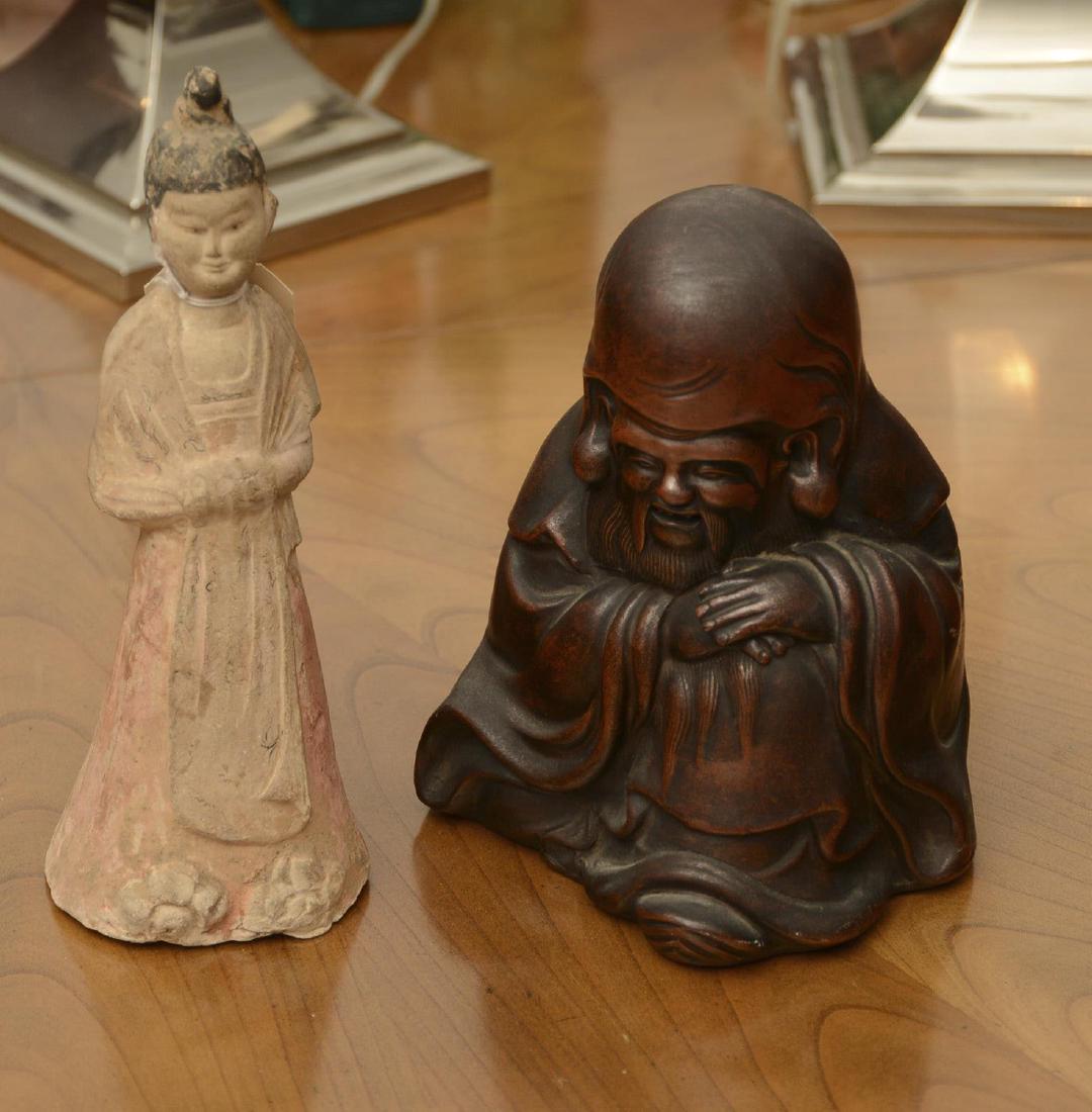 Japanese and Chinese ceramic figures: Japanese and Chinese ceramic figures, 20th c., incl. a Bizen type Fukurokuju incense burner, 8.5"h, and a Chinese tomb figure, 10"h