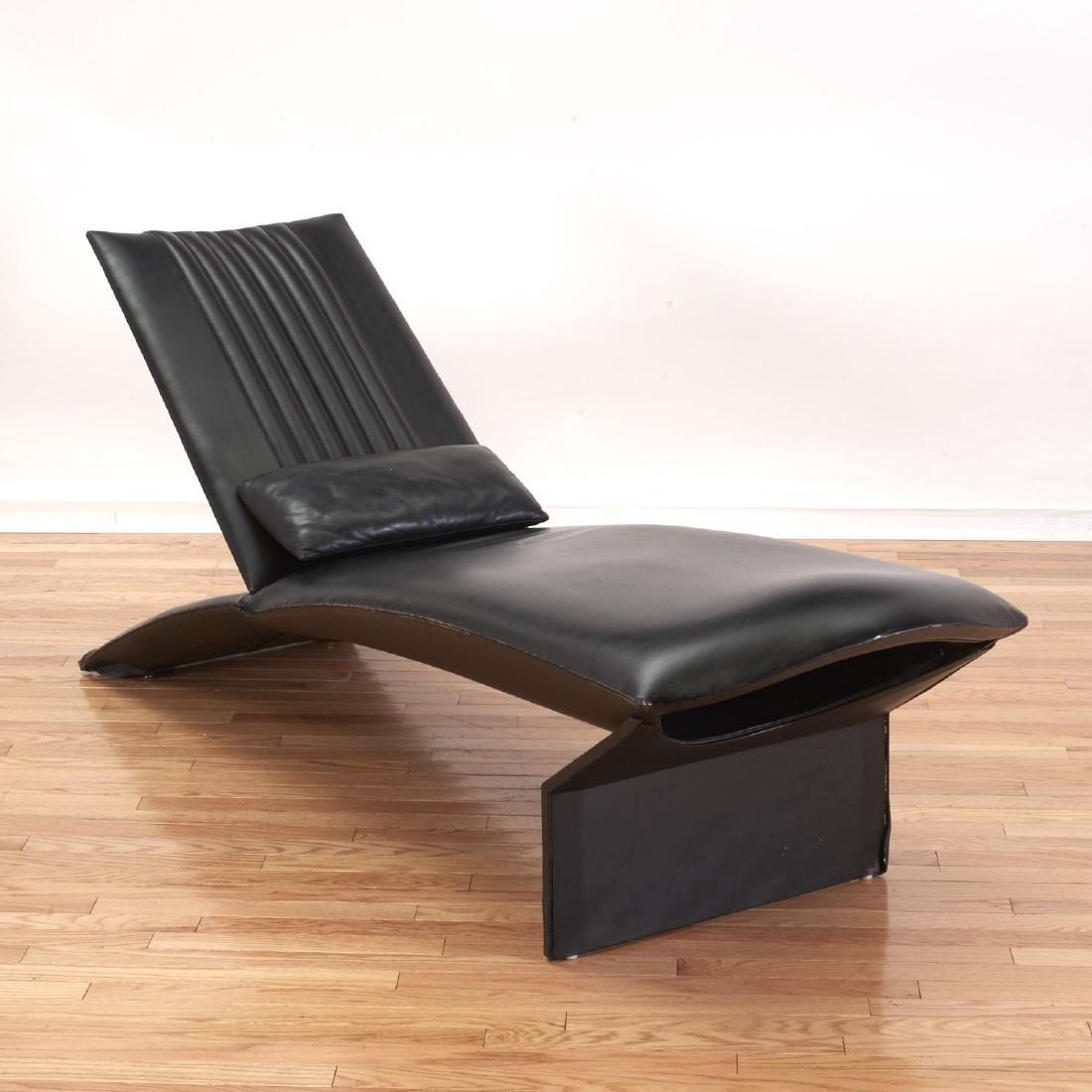 Dakota Jackson "Ke-Zu" leather chaise: Dakota Jackson "Ke-Zu" leather chaise, Circa 1989, laminate wood and steel frame, 32"h x 24.5"w x 76"d - Literature: Interiors Magazine, September 1993, pp. 9, illustrated, other examples of the KeZu