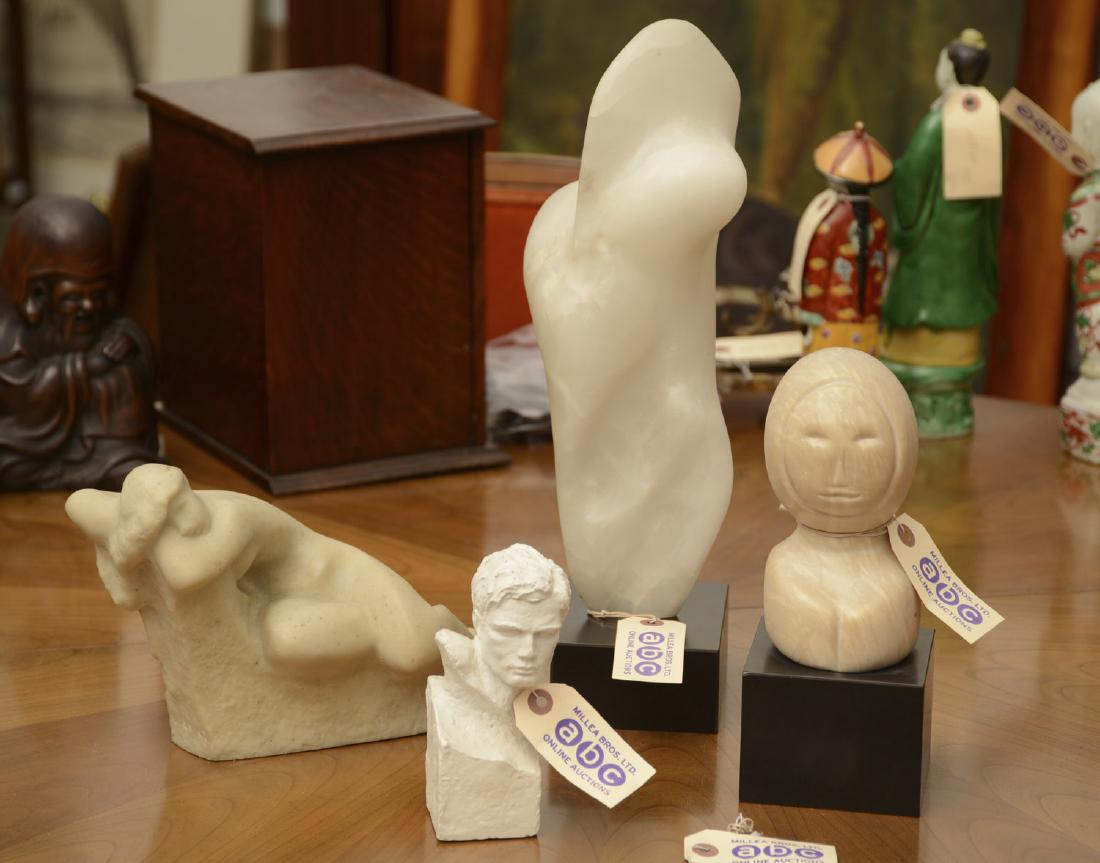 Collection (4) Modernist sculptures: Collection (4) Modernist sculptures, 20th c., incl. abstract alabaster, soapstone Inuit style bust, resin reclining nude signed "V. Glinsky", and plaster male bust in the style of Robert Graham, small