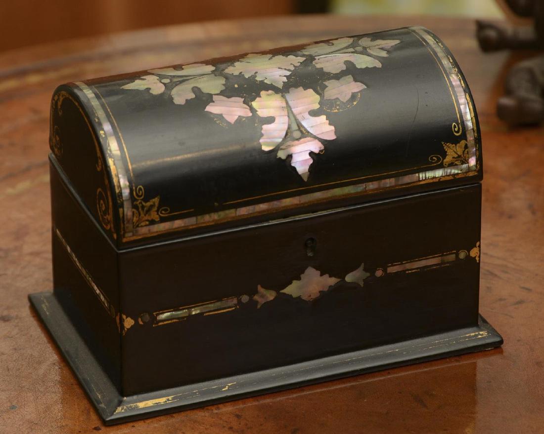 Jenners & Bettridge papier mache stationary box: Jenners & Bettridge papier mache stationary box, 19th c., mother of pearl inlay, fitted interior, 5"h x 6.5"w