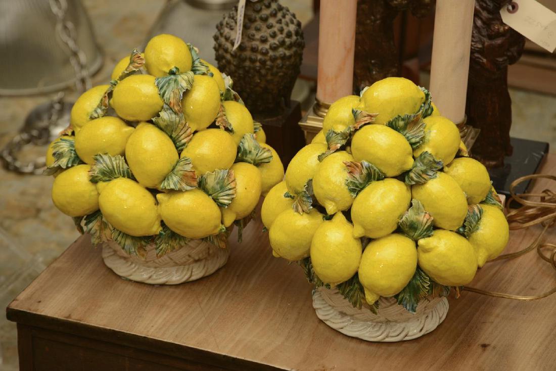 (2) Italian glazed pottery lemon centerpieces: (2) Italian glazed pottery lemon centerpieces, 20th c., 11.5"h x 10"w