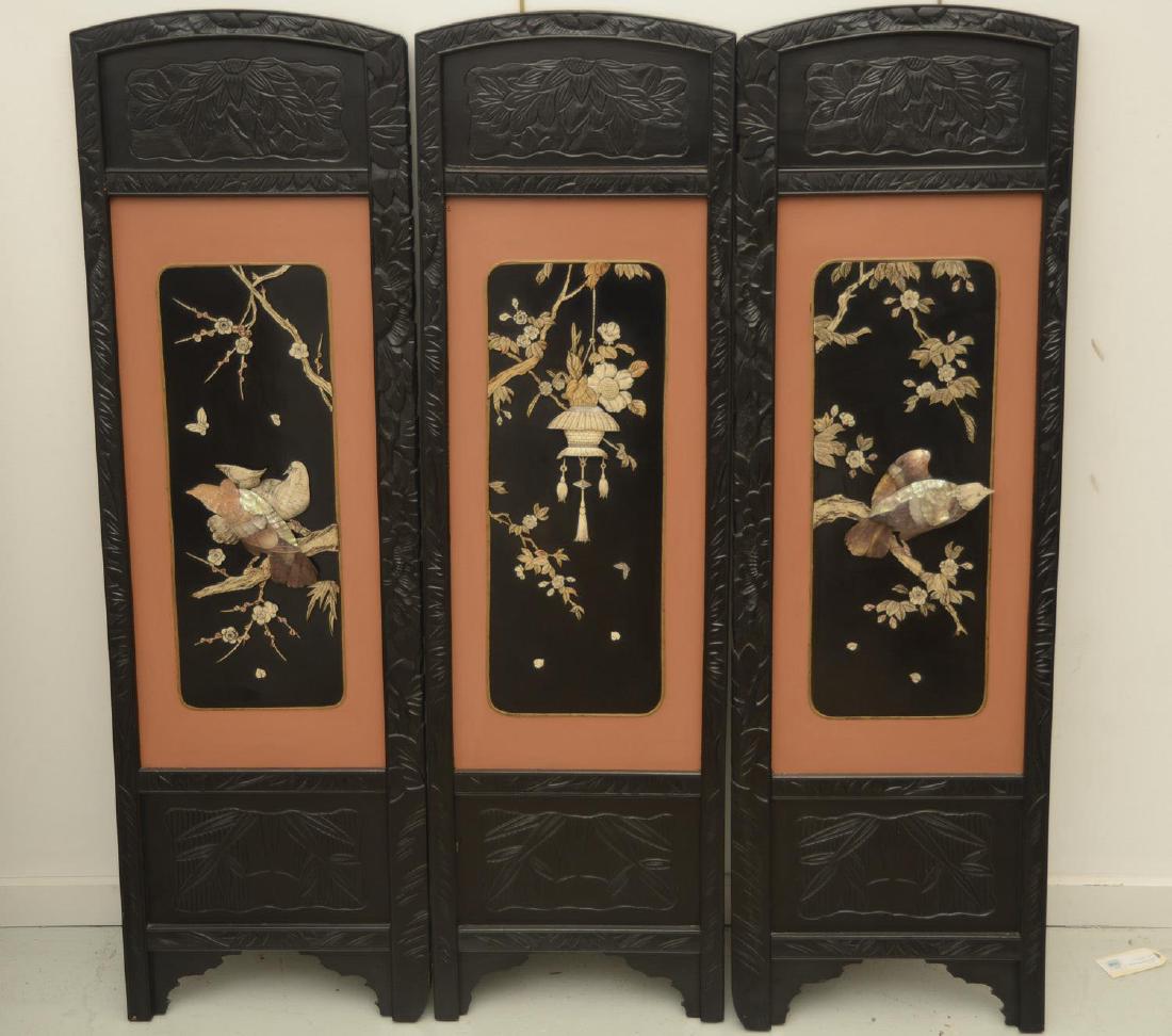 Japanese three panel inlaid lacquer screen (1 of 5)