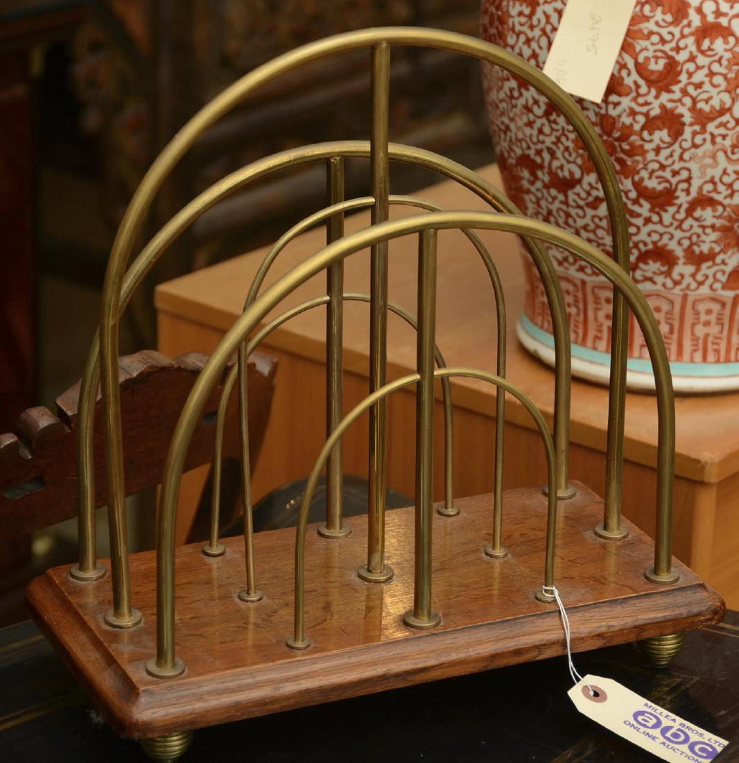Wm. Tonks & Sons brass, oak magazine rack (1 of 4)