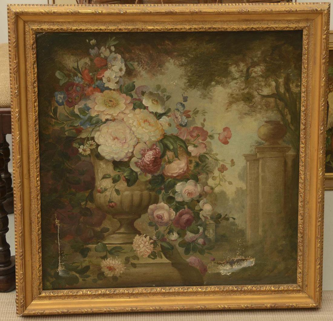 J.J. Hollenbeck, painting: J.J. Hollenbeck, painting, J..J Hollenbeck (American, 19th/20th c.), Floral still life, oil on canvas, signed lower left, 27.5'squ. (sight), 33.5"squ. (with frame)
