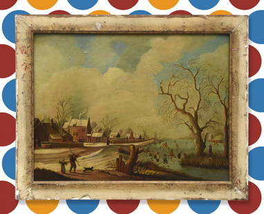 Manner of Hendrick Avercamp, painting: Manner of Hendrick Avercamp, painting, Manner of Hendrick Avercamp (Dutch, 1585-1634), Winter scene with skaters, oil on copper plate, no signature visible, 11.5"h x 15"w (sight), 14"h x 18"w (with fr