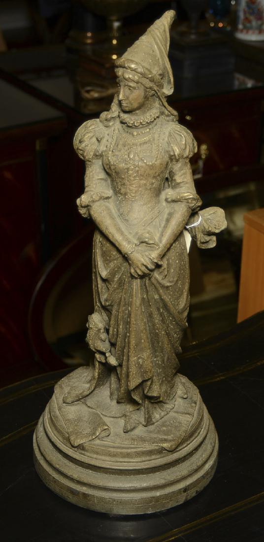 Antique spelter sculpture of a Renaissance maiden: Antique spelter sculpture of a Renaissance maiden, Late 19th c., unsigned, 21"h