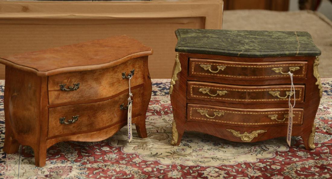 (2) Louis XV style miniature commodes: (2) Louis XV style miniature commodes, 20th c., one with marble top, larger: 8.5"h x 12"w