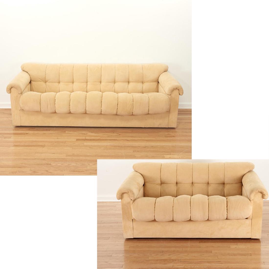 Davanzati for Pace Coll. sofa and loveseat: Davanzati for Pace Coll. sofa and loveseat, Circa 1980s, beige microsuede upholstery, 27"h x 84"w x 38"d (sofa), 27"h x 58"w x 32.5"d (loveseat) Provenance: Property from a Hewlett Bay, NY estate