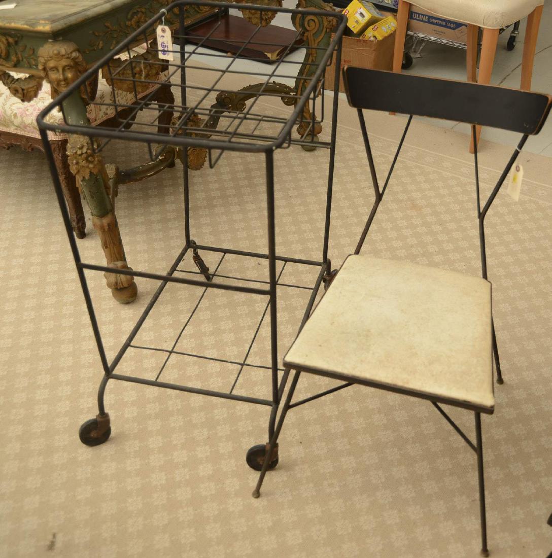 Fredrick Weinberg style iron cart and chair: Fredrick Weinberg style iron cart and chair, Mid 20th c., 34"h x 30"w x 18"d (cart), 32.5"h (chair)