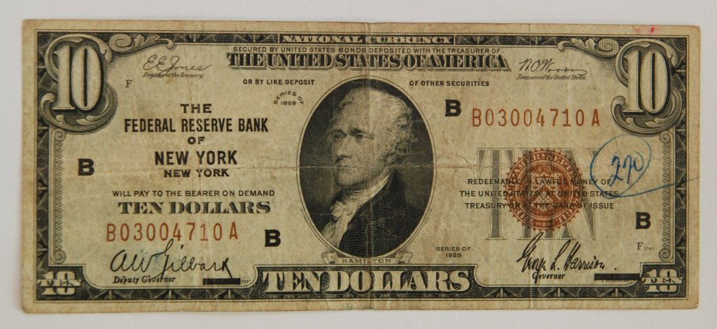 THE FEDERAL RESERVE BANK OF NEW YORK $10.00: THE FEDERAL RESERVE BANK OF NEW YORK $10.00 Rare $10.00 Dollar Bill form the New York Federal Reserve. This Bill is Signed by the Governor of New York instead of the U.S. Treasurer. Series Dated 1929