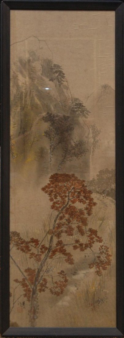 KOREAN PAINTING ON SILK OF MOUNTAIN SCENE Antique Korea: Antique Korean oil painting on silk depicting a mountain trail scene. Signed with calligraphy on lower left with one red seal. 19th Century. Mounted in wooden frame behind glass screen. Measures 43 in