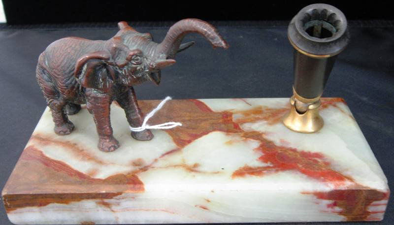 ART DECO ELEPHANT MOTIF PEN DESK SET: Measures Approximately 7" Wide by 3" Deep. With Small Bronze Elephant On Top of Marble Base. Circa 1930's