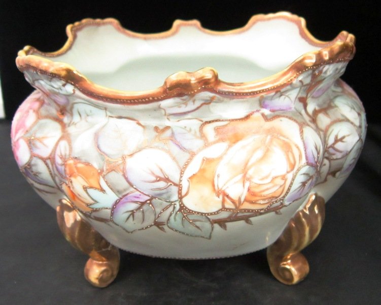 ANTIQUE NIPPON HAND PAINTED FERNER: Measures approximately 7-3*/4" in Diameter by 5-1/4" Tall. On Four Antique Gold Feet. Beautiful Floral Painting with Mark to Base