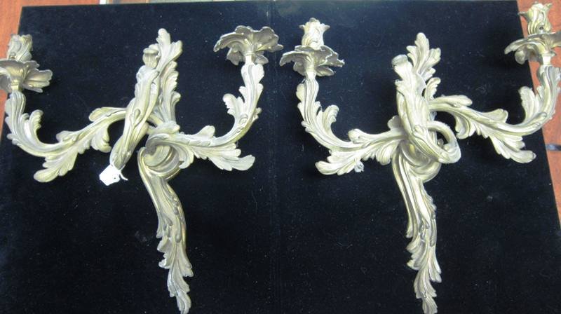 PAIR OF VINATGE BRONZE TWO ARMED STYLED SCONCES: Sconces Each Measure approximately 19" Tall and 17" Wide. Mid 19th Century