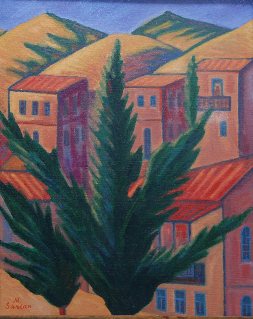 MARTIROS SARIAN VILLAGE SCENE OIL PAINTING: Martiros Sergeevich Saryan (ARMENIAN/RUSSIAN, 1880-1972). Landscape oil painting on canvas depicting a village scene with trees and hills. Signed in Cyrillic to lower left. Holds the Signature of Mart