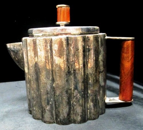 ART DECO METAL AND WOOD COFFEE POT: Beautiful elegant designed Art Deco Coffee Pot. Wood Handle and Top. Measures 5" Tall by 6" Long