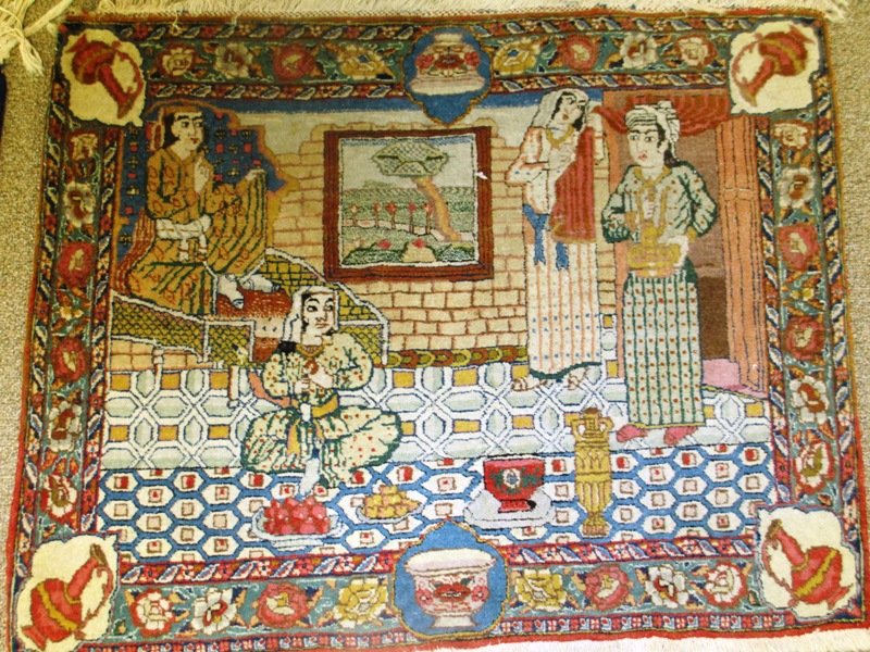 PERSIAN WOOL HANDMADE PALACE SCENE RUG: Richly made Prince with palace attendants rug. 32" by 28" Woven Wool