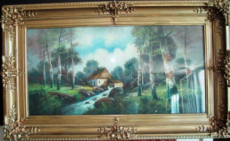 PASTEL PAINTING AMERICAN EARLY 20TH CENTURY: Fantastic Pastel on Board Painting Scenic scene of Birch Tree's with a Mill House. Painting is 28" by 14" Frame is 35" by 22". The Frame is a Gold Glided Ornate Heavy Frame from the Late 19th Early 20